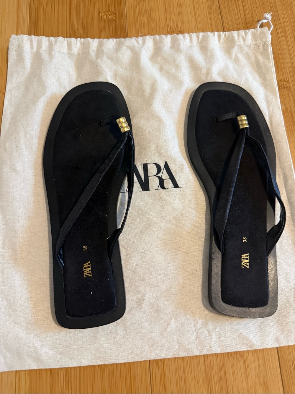 Zara Black Suede Thong Sandals with Gold Bead - never worn